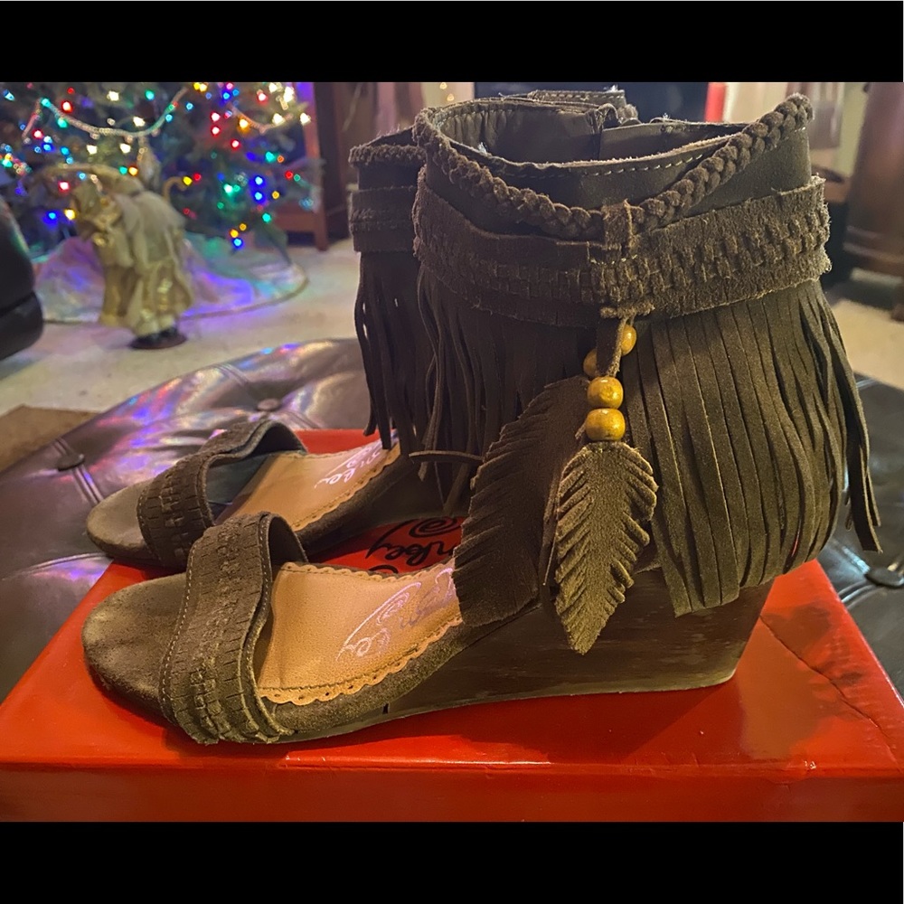 Taupe Suede Sandals w/wedge heel.